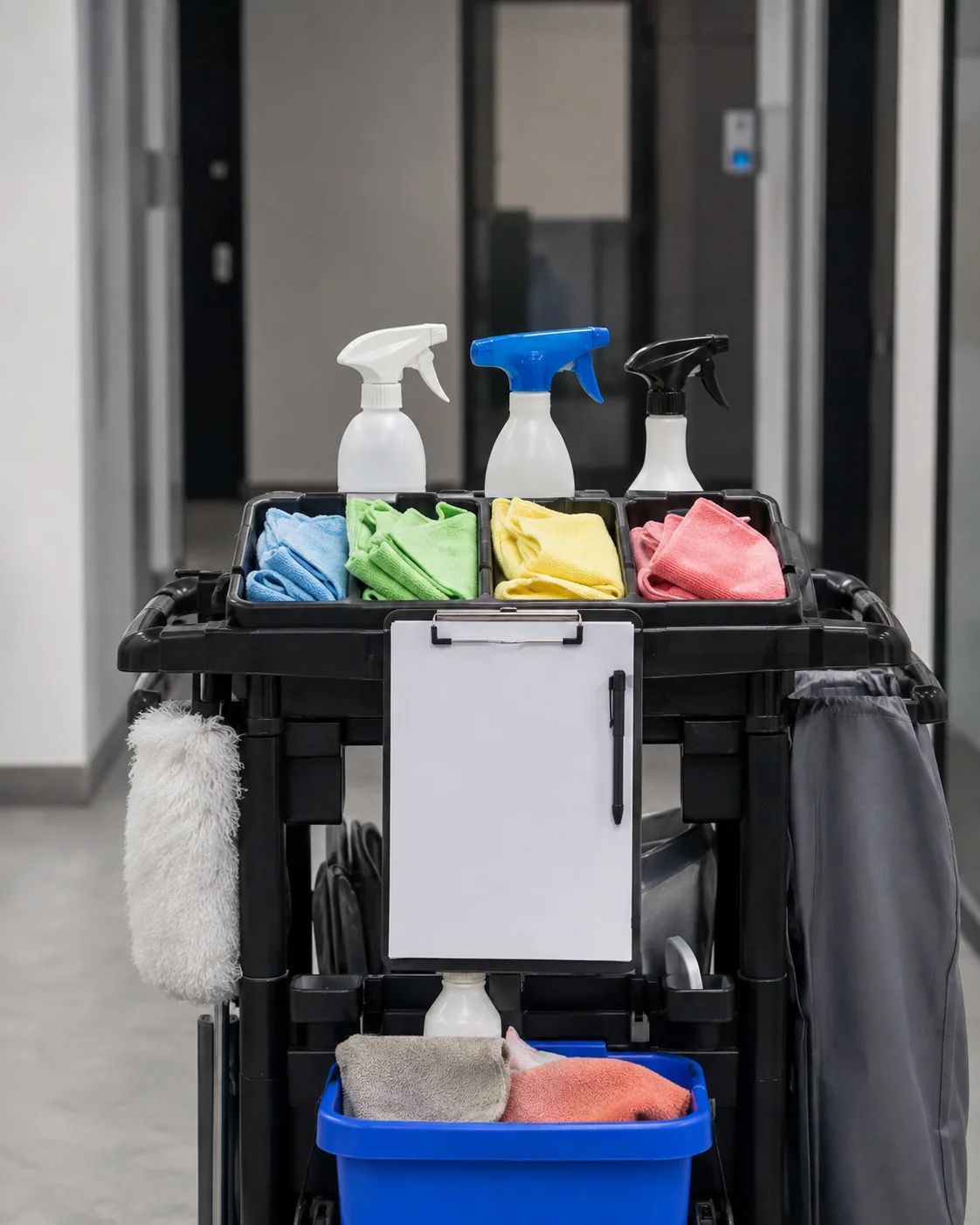 Farbcodierte Mikrofasertücher, Reinigungsmittel und Kontrollliste auf einem Reinigungswagen