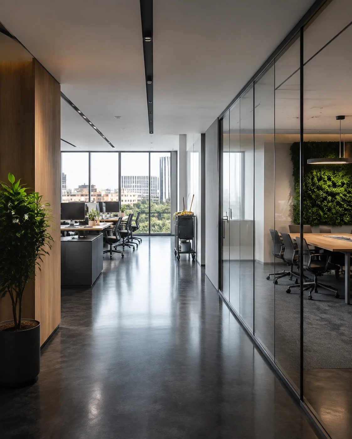 Modernes Büro mit Glastrennwänden und frisch gereinigtem Boden