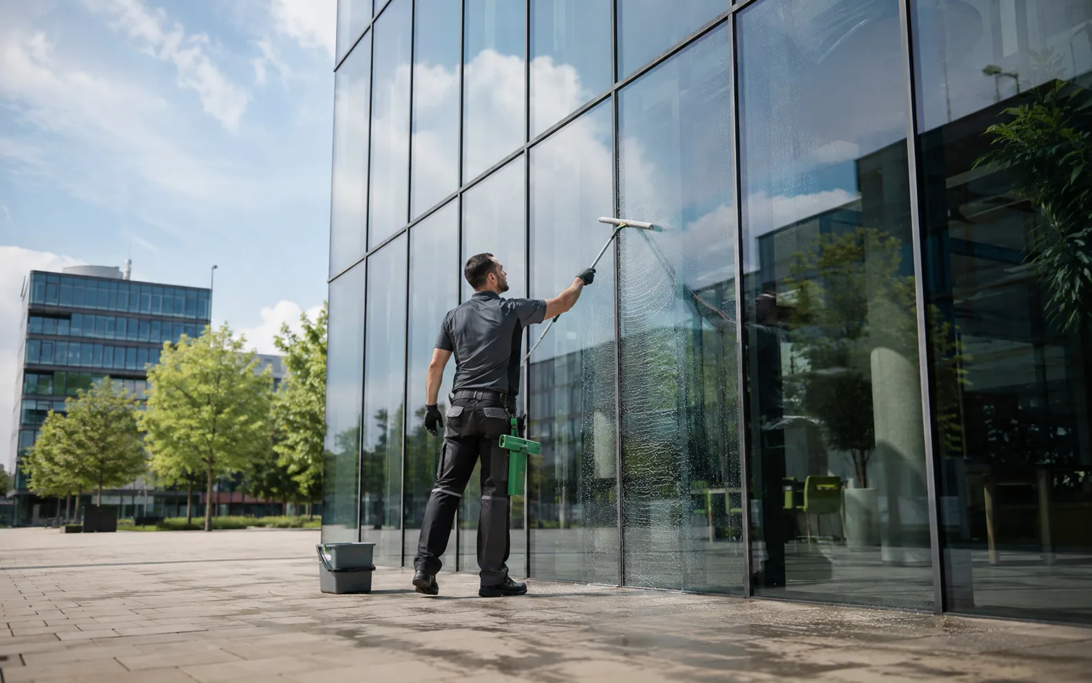 Glasreiniger zieht eine große Glasfront mit dem Abzieher ab